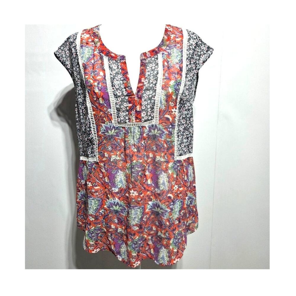 Daniel Rainn Woman's Crochet Red Floral Boho Cap Sleeve Blouse Size Medium